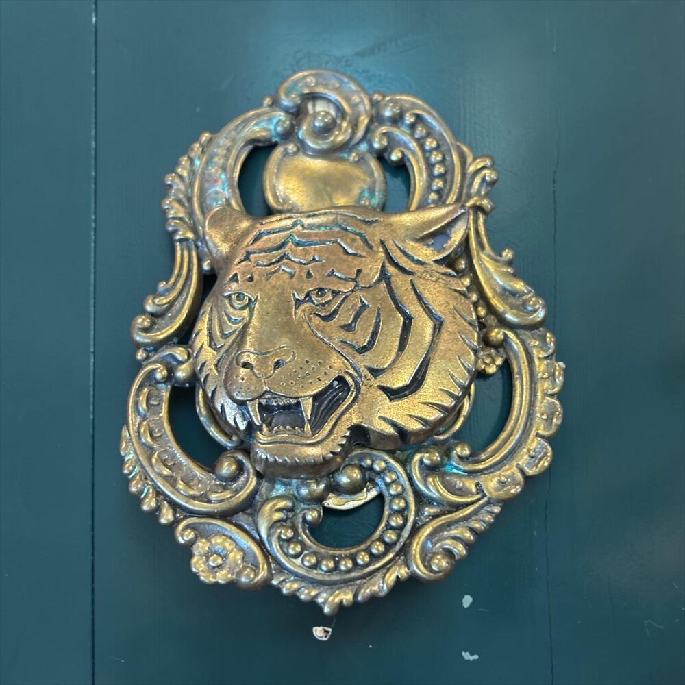 Vintage Roaring Tiger Pendant Clip Ornate Brass Statement Jewelry Jungle
